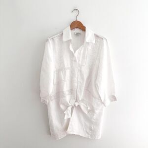 100% Linen Tie Front Blouse Cottagecore Lace Button Down Size Medium